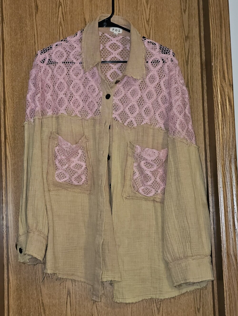 POL Beige Button-Up Shirt with Pink Lace Yoke & Pockets